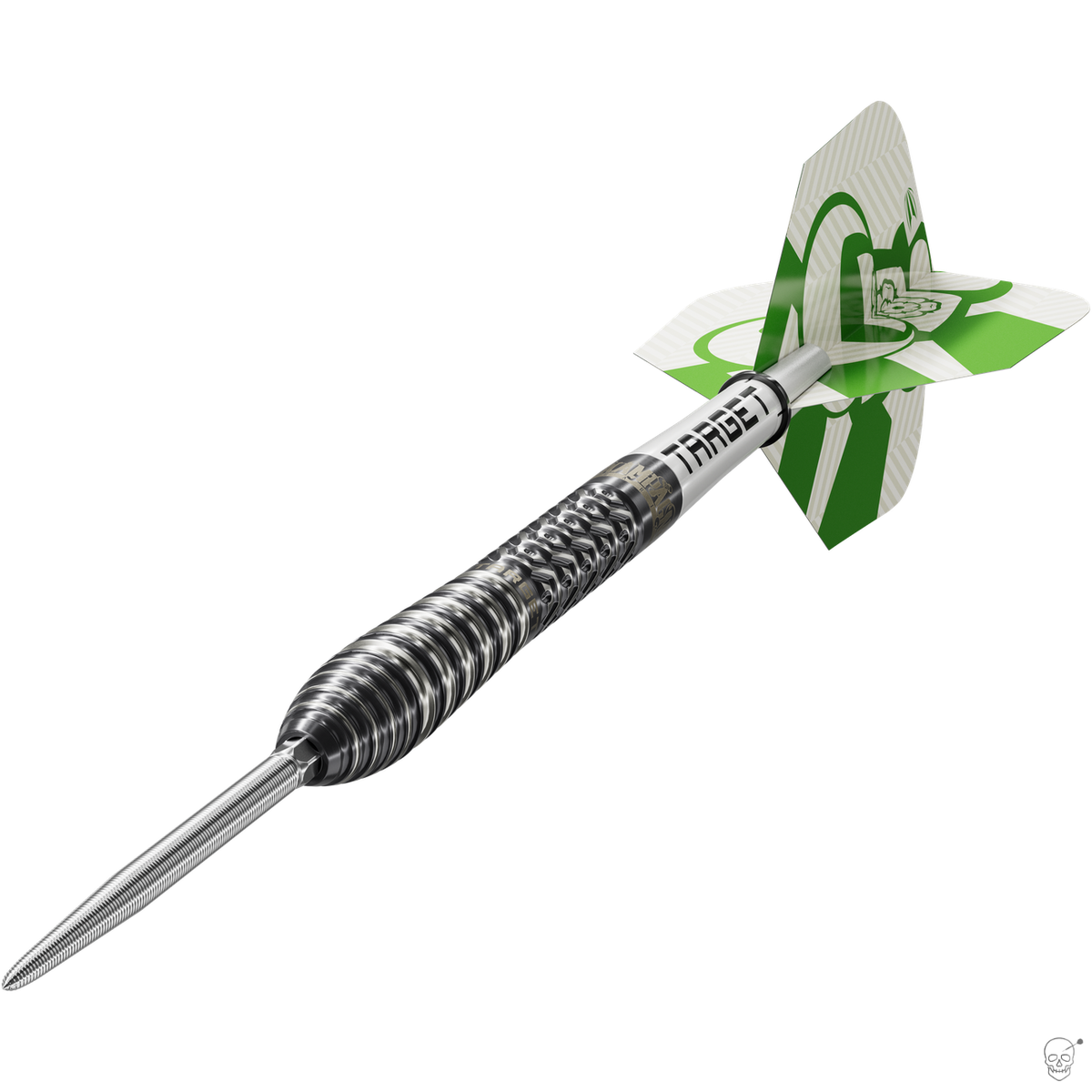 Target Charlie Manby G1 dart – angled view of the front-loaded black and silver milled barrel with flight and shaft fitted