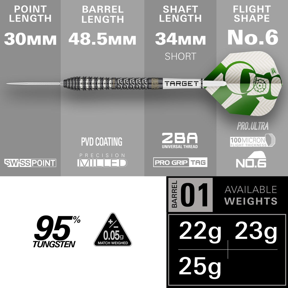 Target Charlie Manby G1 specification – 30mm Swiss Point, 48.5mm barrel, 95% tungsten, 22g, 23g and 25g