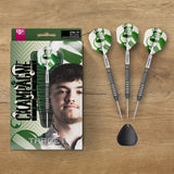 Target Charlie Manby G1 Champagne Charlie darts and packaging on a wooden table