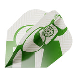 Target Charlie Manby Pro Ultra No.6 flight – angled view showing the green and white Yorkshire rose print