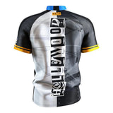 Back view of Chris Dobey 2025 dart shirt with bold Hollywood text, modern pattern, and yellow sleeve accents, isolated on white