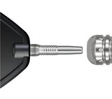 Macro close-up of tungsten dart barrel and stem connection, showing fine threading and grip texture for precise assembly
