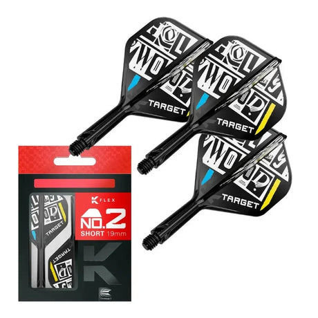 Chris Dobey K-Flex No.2 dart flights with shafts, three pieces displayed, plus retail packaging, full view on white background