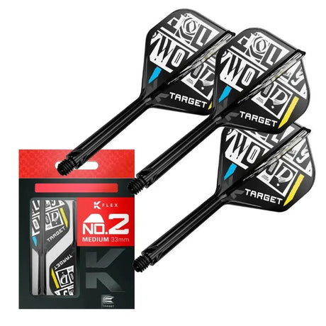 Three Chris Dobey K-Flex No.2 dart stems and flights with bold graphics shown next to packaging, isolated on white background