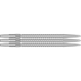 Three Swiss dart points with ridged grip and grooved tips arranged side by side on white background for dartboard accuracy