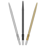 Three Chrono Swiss dart points in silver, black, and gold with ridged grip texture, full view on white background