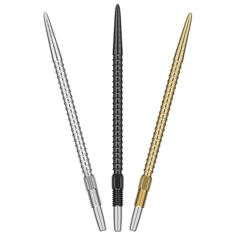 Three Chrono Swiss dart points in silver, black, and gold with ridged grip texture, full view on white background
