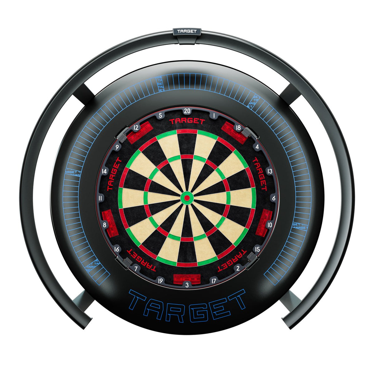 Target Corona Vision 2 Dartboard Light fitted to a dartboard and lit
