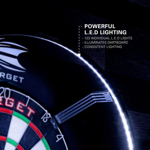 Angled close-up showing LED dartboard light ring illuminating dartboard with shadow-free, consistent lighting for darts play