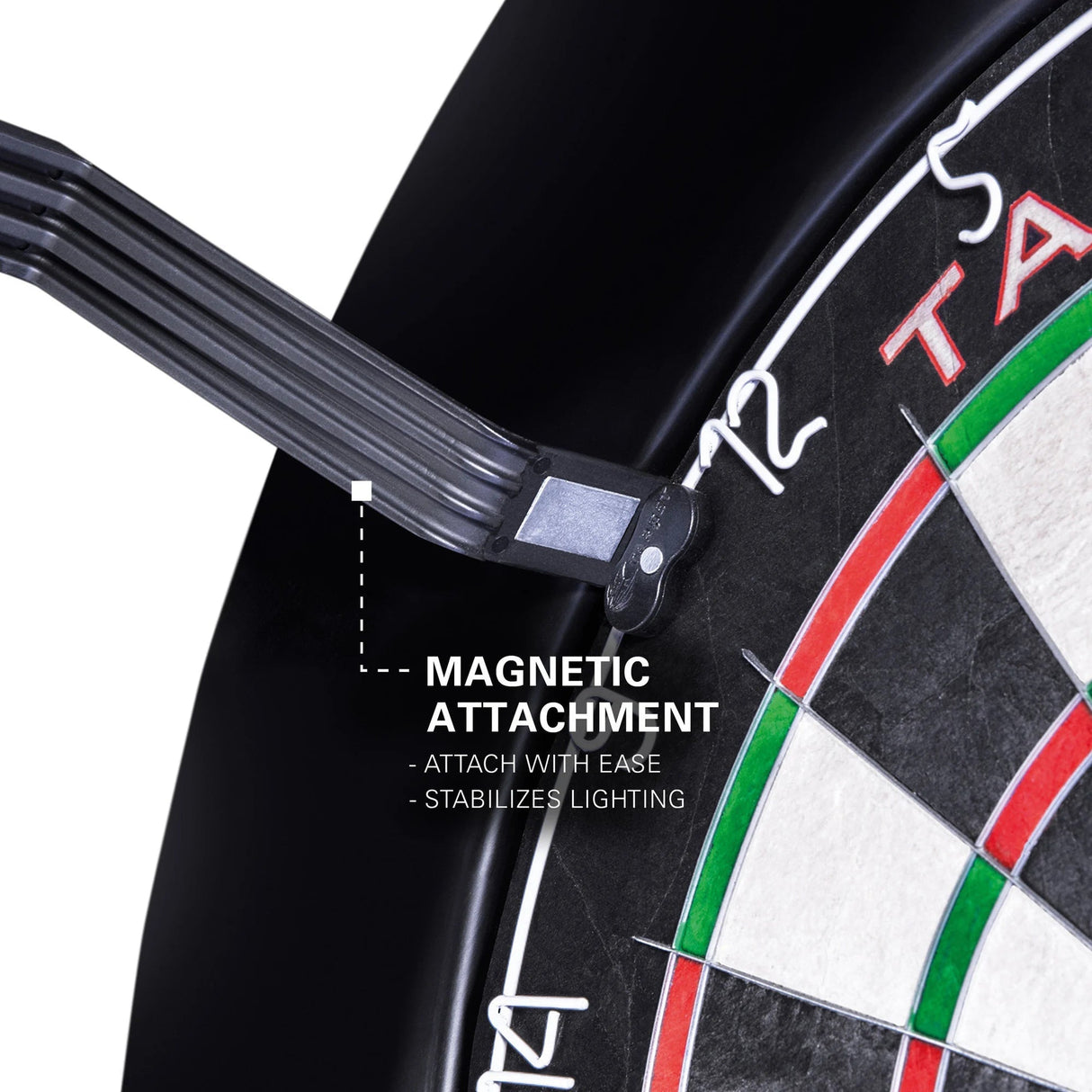 Close-up of dartboard light arm with magnetic attachment detail, showing secure mount on dartboard frame for shadow-free darts lighting