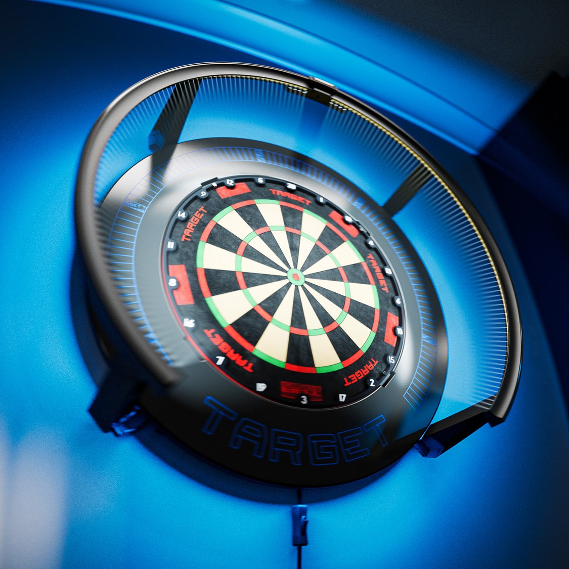 Target Corona Vision Notched Surround lit in blue around a dartboard