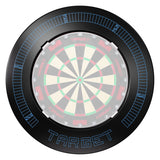 Target Corona Vision Notched Dartboard Surround in black with blue detailing fitted around a dartboard