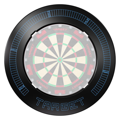 Target Corona Vision Notched Dartboard Surround in black with blue detailing fitted around a dartboard
