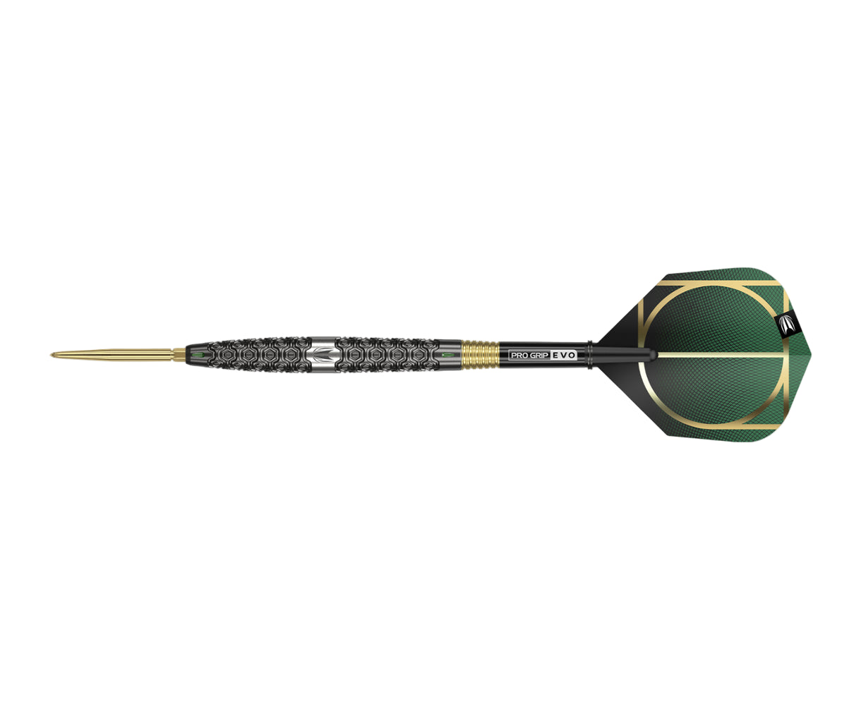 Steel tip tungsten dart full view on white, black precision milled barrel grip, gold point, green and gold pattern flight.