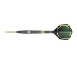 Steel tip tungsten dart full view on white, black precision milled barrel grip, gold point, green and gold pattern flight.