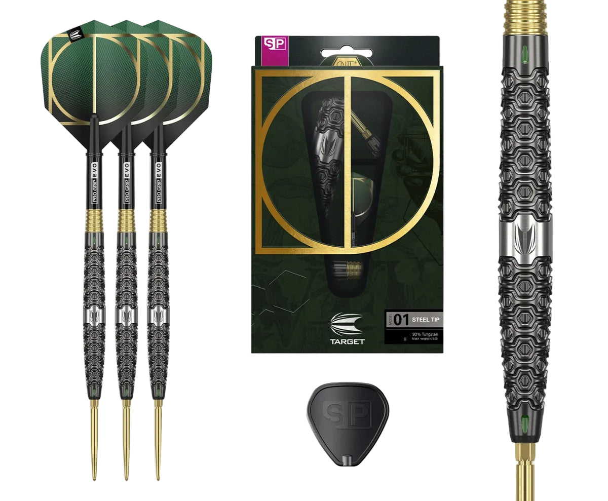 Steel tip tungsten darts set with milled grip barrels, flights, spare tip, retail packaging, and close-up barrel detail