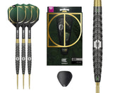 Steel tip tungsten darts set with milled grip barrels, flights, spare tip, retail packaging, and close-up barrel detail