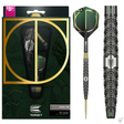 Steel tip tungsten dart set in retail packaging, full dart view with hexagonal milled grip and black-green flight