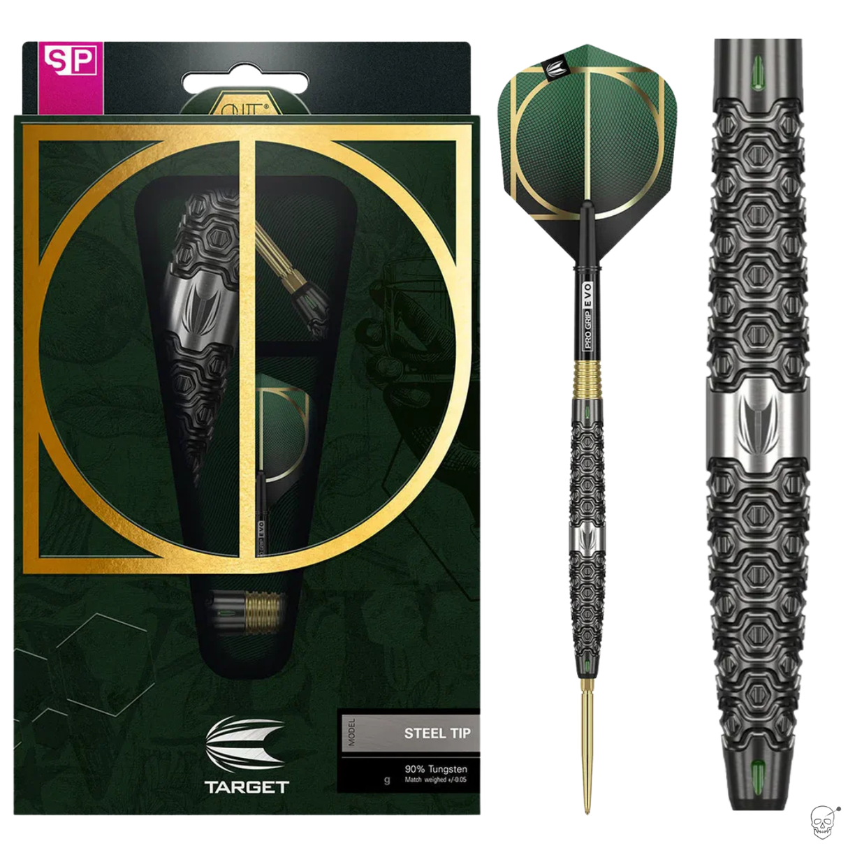 Steel tip tungsten dart set in retail packaging, full dart view with hexagonal milled grip and black-green flight