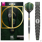 Steel tip tungsten dart set in retail packaging, full dart view with hexagonal milled grip and black-green flight