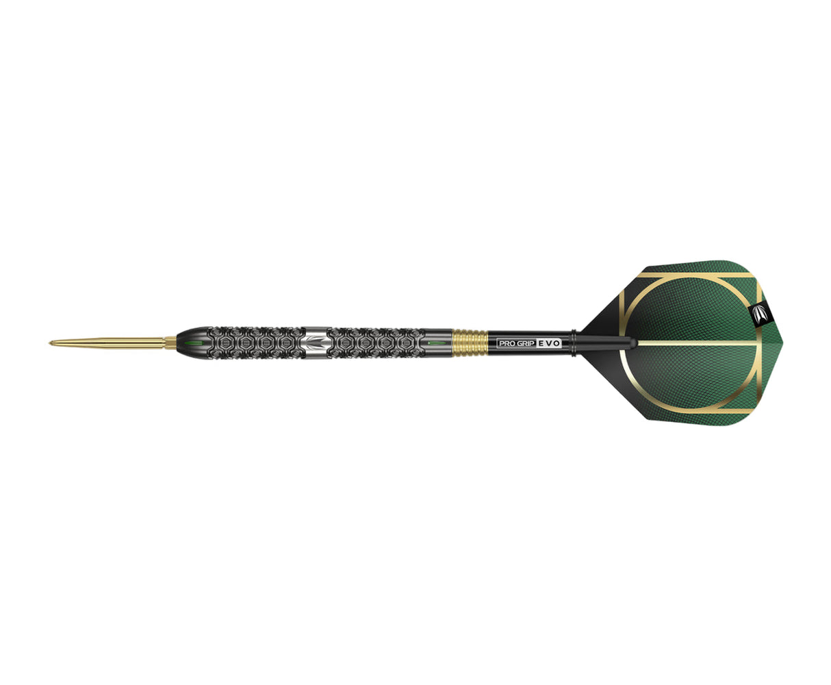 Steel tip tungsten dart full side view with milled barrel grip, gold accents, black shaft, and green geometric flight on white background
