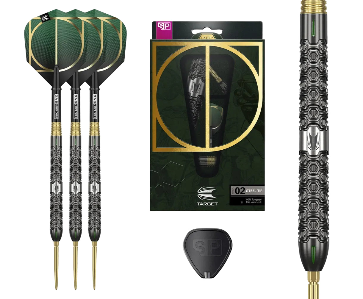 Steel tip tungsten darts set with hexagonal milled barrel grip, packaging, close-up detail, and spare part on white background