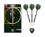 Set of three 90% tungsten steel tip darts fully assembled, detailed barrel grip, packaging box, and extra SP dart flight on white background