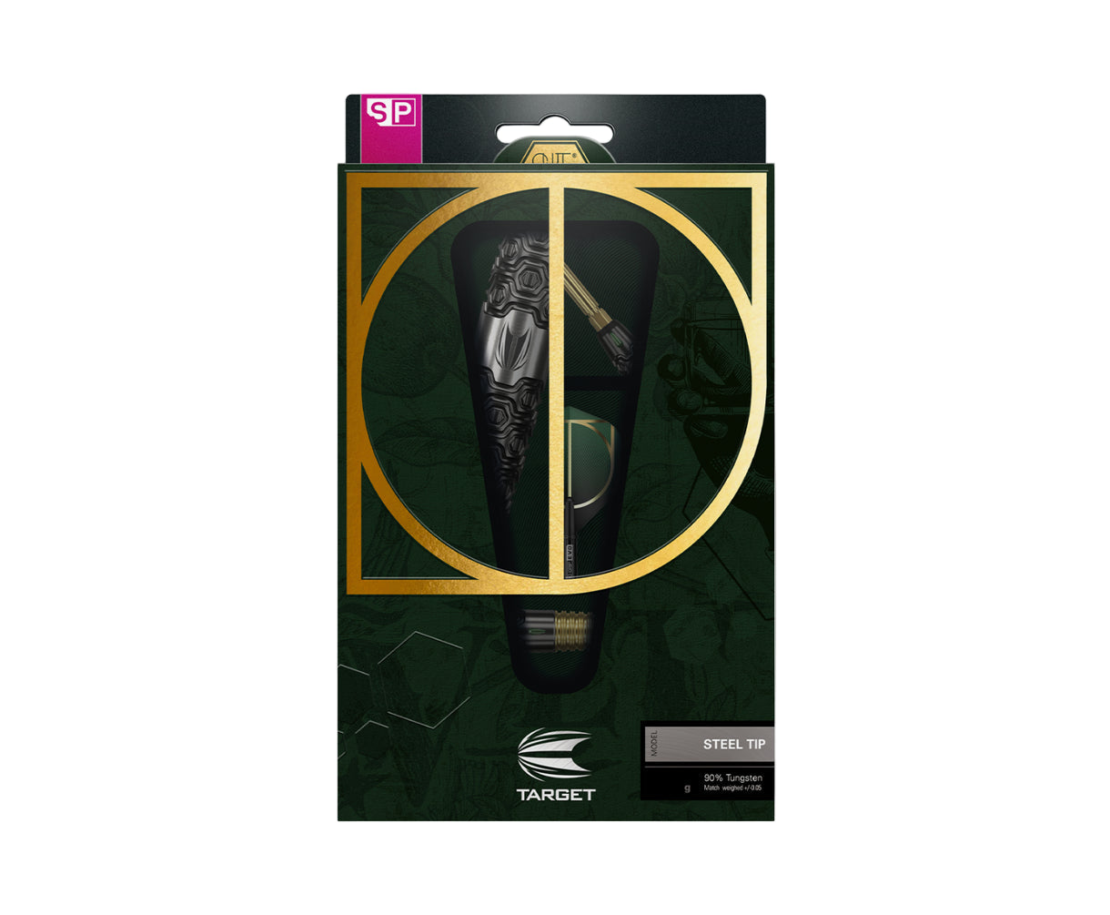 Front view of 90% tungsten steel tip darts in retail packaging with milled barrel grip visible through display window