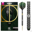 Steel tip 90 percent tungsten dart in retail packaging with close-up on milled grip barrel and green-black flight design
