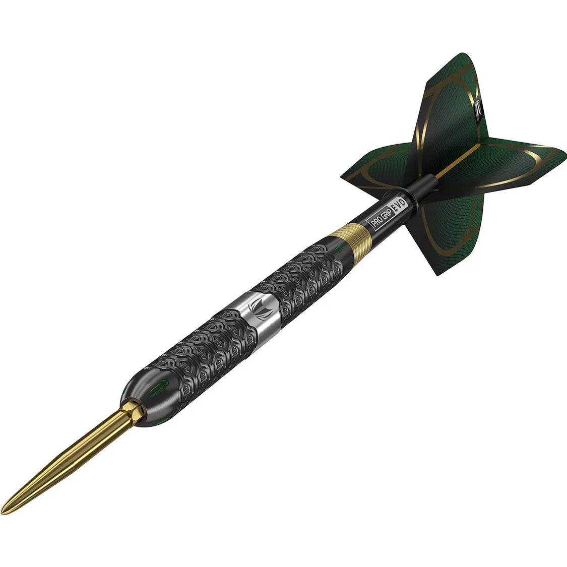 Angled view of 90% tungsten dart with black patterned grip, gold tip, metallic rings, and green flights on white background