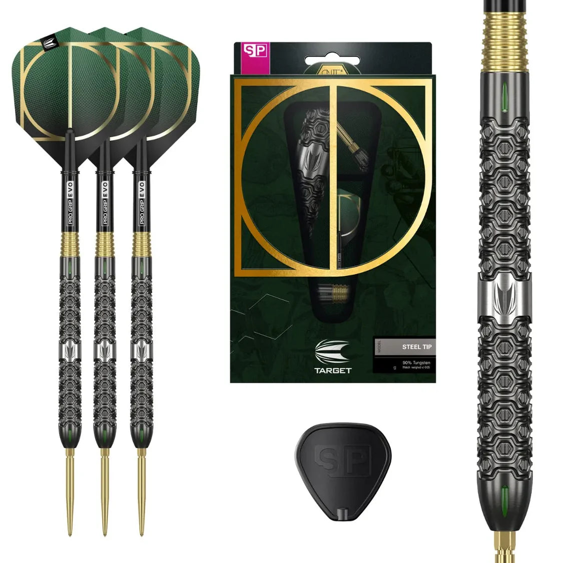 Three steel tip darts with green flights, detailed hexagonal tungsten grip, product packaging, close-up barrel texture, and spare flight tool