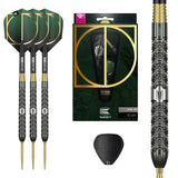 Three steel tip darts with green flights, detailed hexagonal tungsten grip, product packaging, close-up barrel texture, and spare flight tool