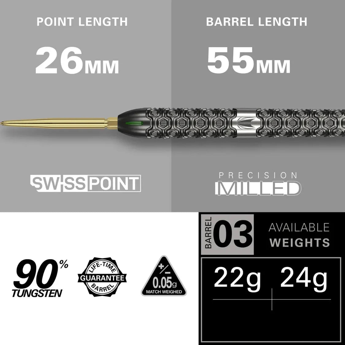 Side view of tungsten dart displaying 26mm point, 55mm precision milled barrel, hexagonal grip, and available 22g 24g weights
