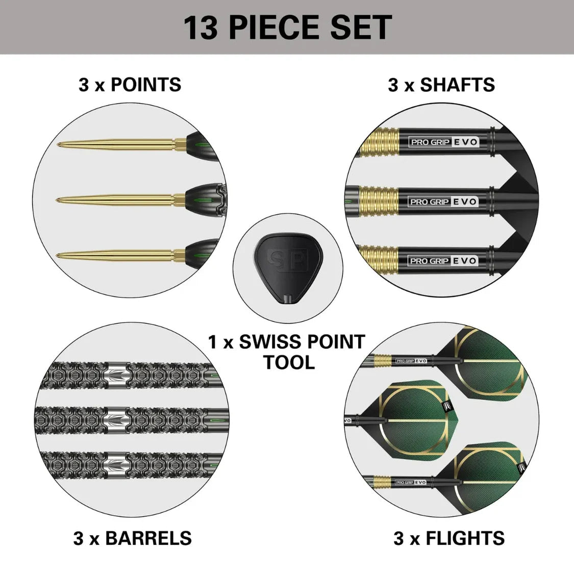 Top-down view of 13-piece tungsten dart set with three points, three shafts, three barrels, three flights, and Swiss Point tool, all isolated on white