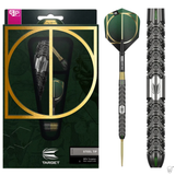 Steel tip tungsten dart with hexagonal grip texture, gold accent, and green flight, shown next to retail packaging.