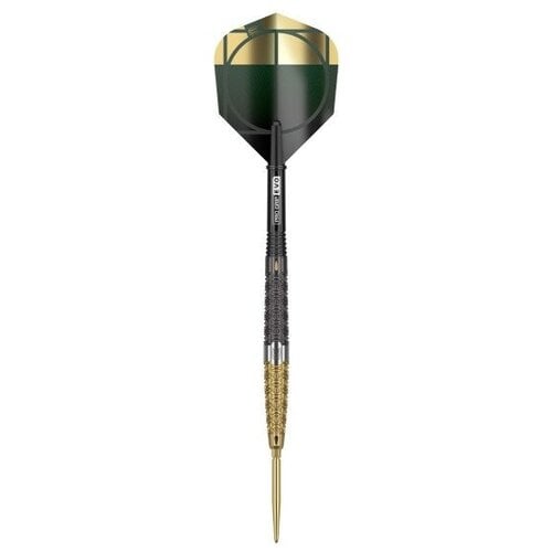 Full view tungsten dart on white background with gold and black grip detail and green-gold flight design