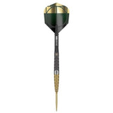 Full view tungsten dart on white background with gold and black grip detail and green-gold flight design