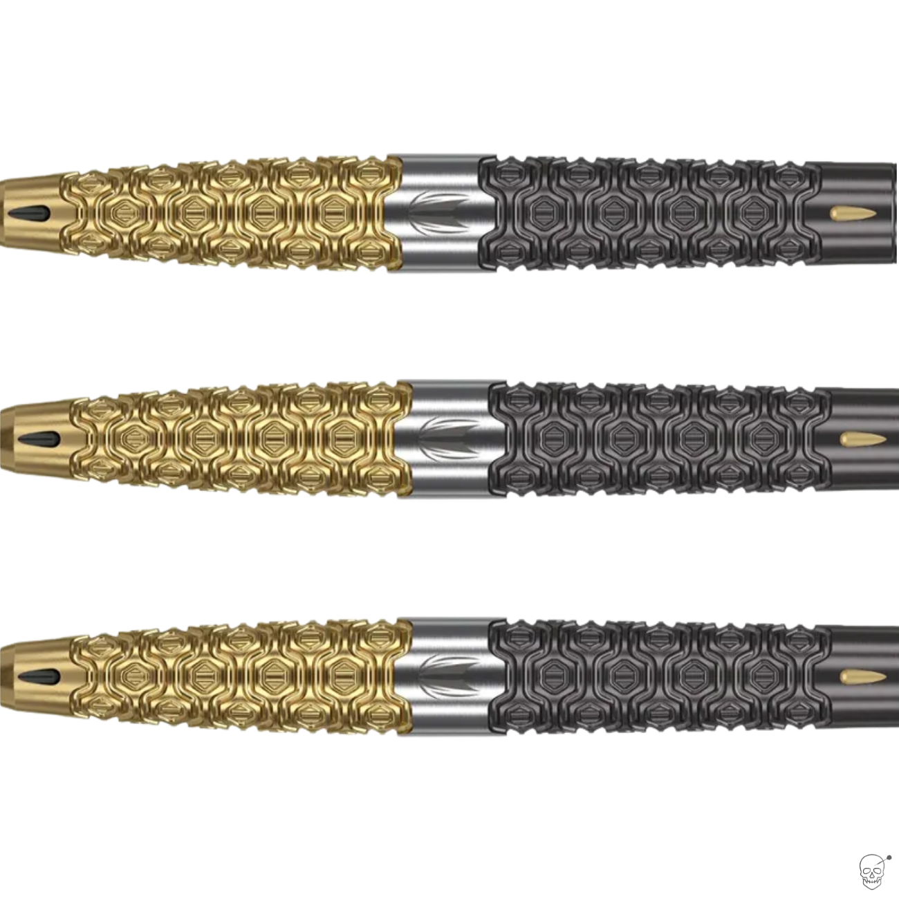 Close-up side view of three 90% tungsten dart barrels with detailed gold and black hex grip, isolated on white background