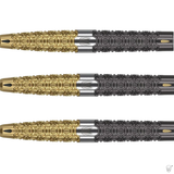 Close-up side view of three 90% tungsten dart barrels with detailed gold and black hex grip, isolated on white background