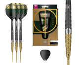 Steel tip tungsten darts set showing three assembled darts, packaging, barrel grip texture close-up, and flight accessory on white background