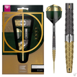 Steel tip tungsten dart set in retail packaging with close-up of hexagonal gold and black textured grip barrel
