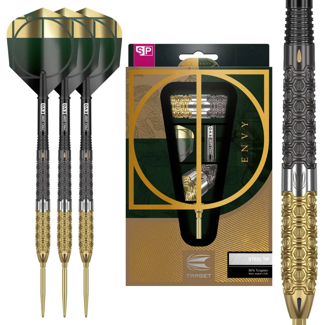 Angled view of three 90% tungsten steel tip darts with gold and black textured barrels, plus retail packaging and detailed grip close-up