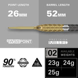 Close-up of 90 percent tungsten dart showing precision milled grip, Swiss Point tip, barrel length and available weights for darts buyers