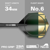 Close-up of dart with Pro Grip Evo shaft, 34mm length, No.6 shape flight, 100 micron thickness, green and gold flight design