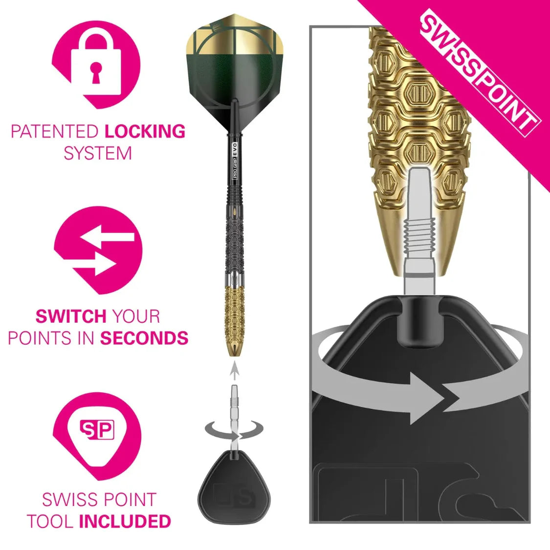 Angled dart with gold textured barrel, close-up of Swiss point locking system, tool for easy tip change highlighted