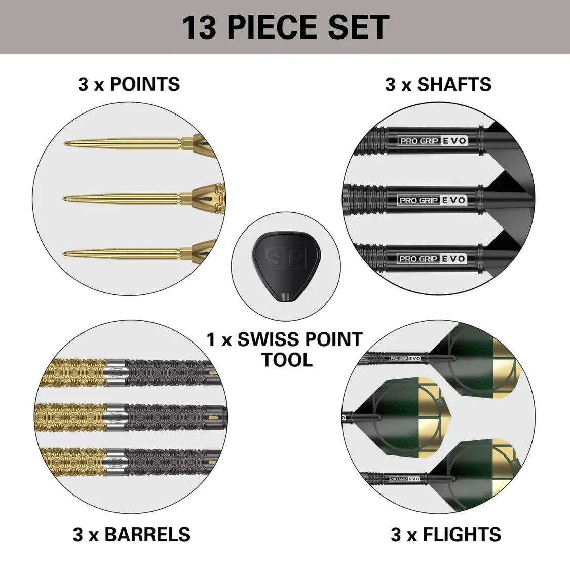 Top-down view of dart set parts showing 3 barrels, 3 gold points, 3 shafts, 3 black flights, and a Swiss point tool