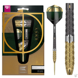 Steel tip tungsten dart set in retail packaging alongside close-up of assembled dart highlighting gold and black textured barrel grip