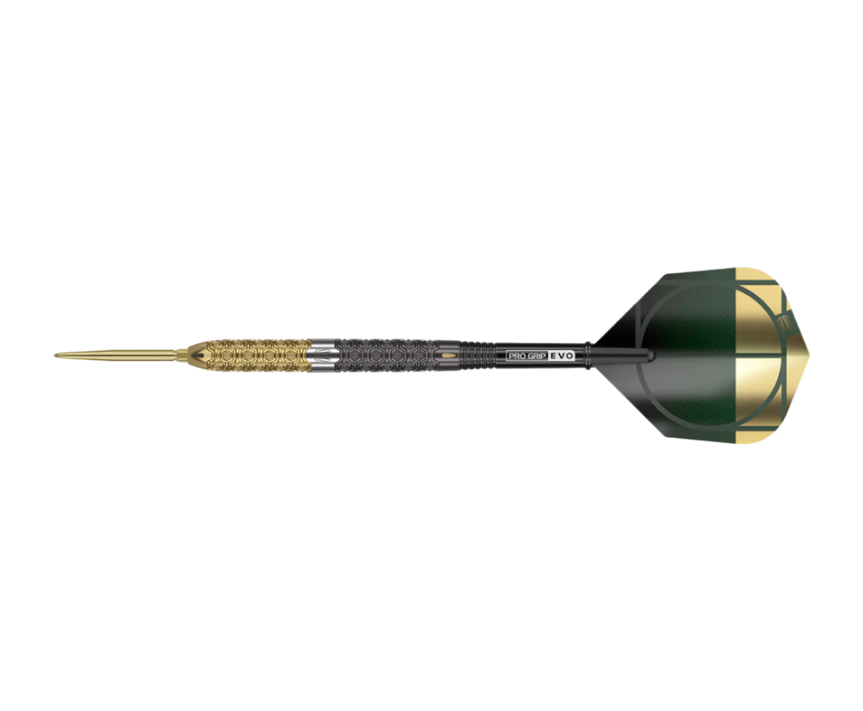 Full tungsten dart on white background highlighting dual-tone grip barrel, gold tip, Pro Grip Evo shaft, and black-green geometric flight