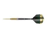 Full tungsten dart on white background highlighting dual-tone grip barrel, gold tip, Pro Grip Evo shaft, and black-green geometric flight