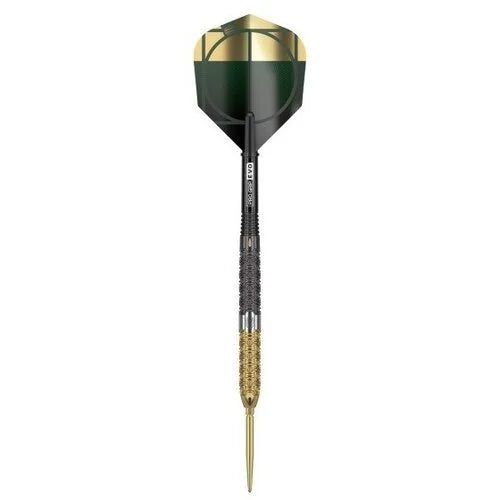 Full view tungsten dart isolated on white, featuring knurled grip barrel, green and gold flight, and gold precision tip